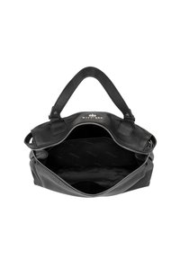 Borsa a mano in pelle nera con due manici, zip aperta che mostra l'interno vuoto foderato con tessuto di marca.
