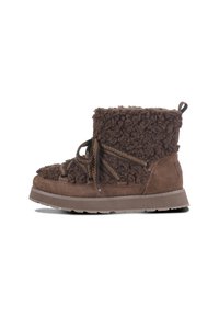Brown suede ankle boot with textured wool upper, lace-up design, and a flat rubber sole. Features a looped accent at the back.