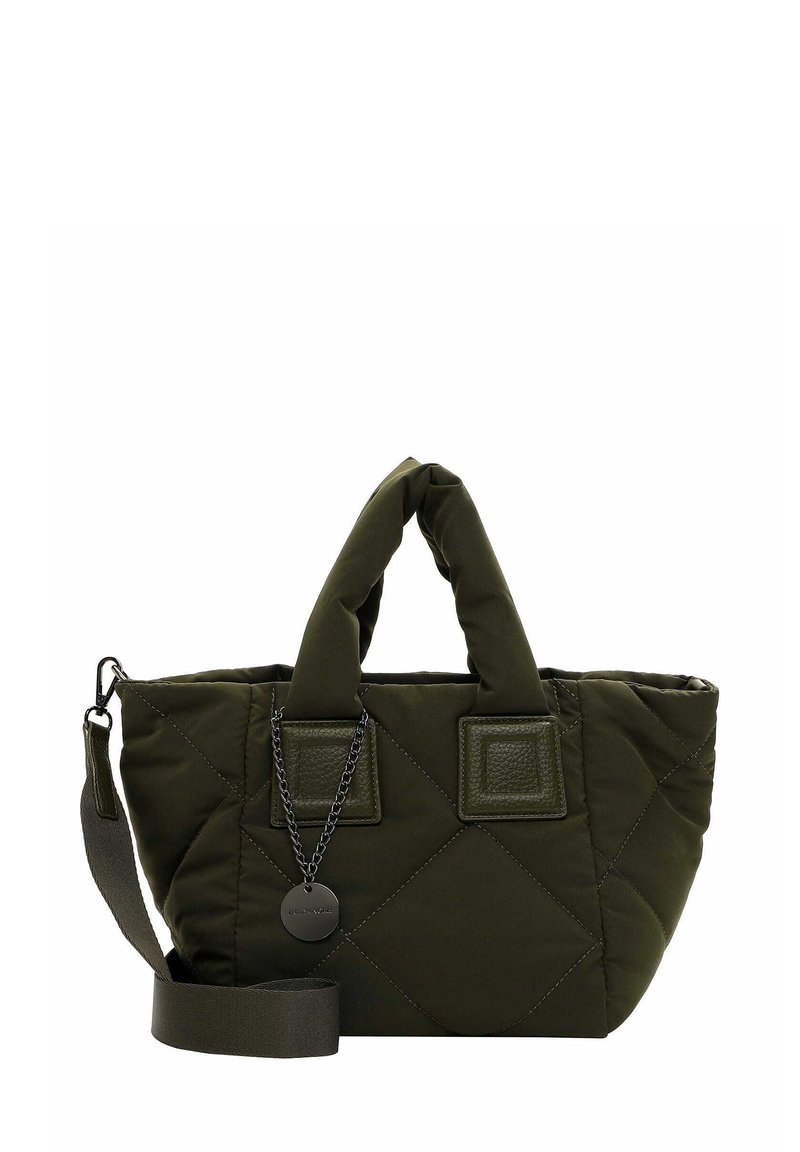 Quilted olive green tote bag with dual fabric handles, detachable shoulder strap, and a metal tag. Features square accent patches on sides.
