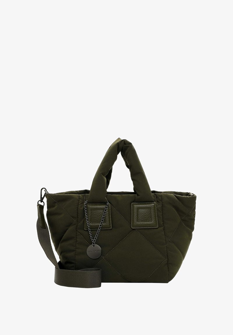 Quilted olive green tote bag with dual fabric handles, detachable shoulder strap, and a metal tag. Features square accent patches on sides.