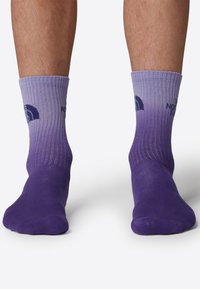 Lila gradient-strumpor med ribbat mönster, som har en mörk logotyp nära toppen. Mjukt, elastiskt material som sträcker sig till ankeln.