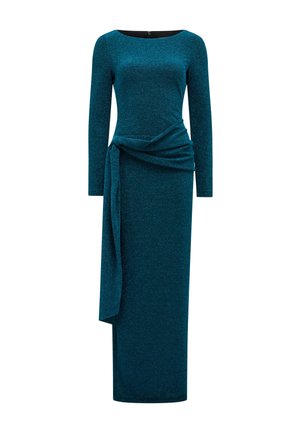 Turkusowa sukienka z długim rękawem i okrągłym dekoltem, z drapowaną przednią częścią i wiązaniem. Wykonana z teksturowanej, błyszczącej tkaniny.