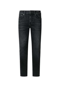 Jean en denim noir slim fit avec poches avant, passants de ceinture, fermeture par bouton et détails subtils d'effet délavé.