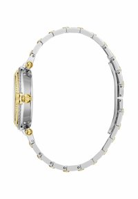 Hõbe- ja kuldtooniga randme kell, millel on ristkülikuline nägu, tekstureeritud äär ja metallist linkkett kuldsete aktsentidega ning lukuga sulgur.