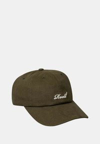 Olive green cotton cap with a curved brim and embroidered "Reell" logo in white on the front, featuring ventilation eyelets.