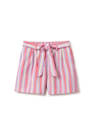 Pantalones cortos de cintura alta con rayas verticales en rosa, púrpura y beige, con un cinturón de tela a juego atado en un lazo en la parte delantera.