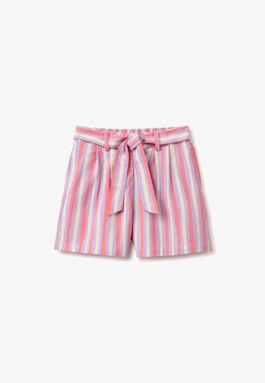 Shorts mit hoher Taille und vertikalen Streifen in Pink, Lila und Beige, mit einem passenden Stoffgürtel, der vorne zu einer Schleife gebunden ist.
