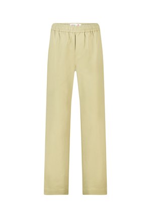 Beige broek met rechte pijpen, elastische tailleband en zonder zichtbare zakken of versieringen, getoond tegen een effen witte achtergrond.