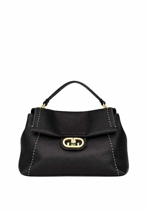 Borsa a mano in pelle nera con cuciture bianche, manico singolo superiore e chiusura con fibbia dorata sulla patta frontale.