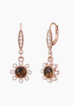 Ohrringe in Roségold mit einem zentralen braunen Edelstein, der von kleinen klaren Edelsteinen umgeben ist, und einem strukturierten Hoop-Design.