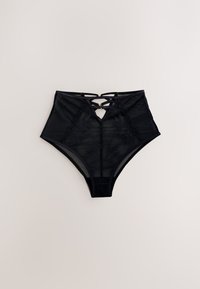Black high-waist lace panties with floral embroidery and small cutout details on the front against a plain background.