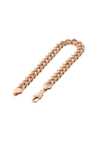 Bracciale a catena in oro rosa con anelli intrecciati, caratterizzato da una finitura lucida e due robuste chiusure a granchio alle estremità.