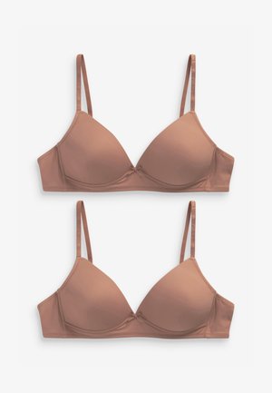 Braun gepolstertes Triangel-Bralette mit dünnen Trägern. Glattes Material, zentrales Schleifen-Detail und verstellbare Träger. Minimale Nähte und kein Unterdraht.
