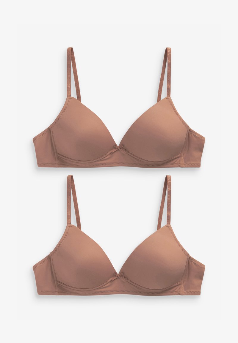 Bruine gewatteerde driehoekige bralette met dunne bandjes. Glad materiaal, gecentraliseerde strikdetail en verstelbare bandjes. Minimale naden en geen beugel.