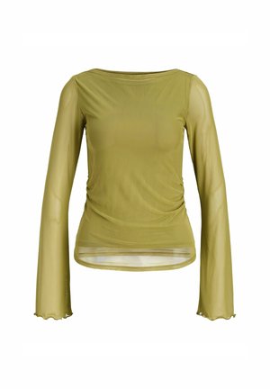 Olijfgroene lange mouw top van lichtgewicht, doorschijnend materiaal met gerimpelde details bij de taille en golvende zoom bij de mouwen.