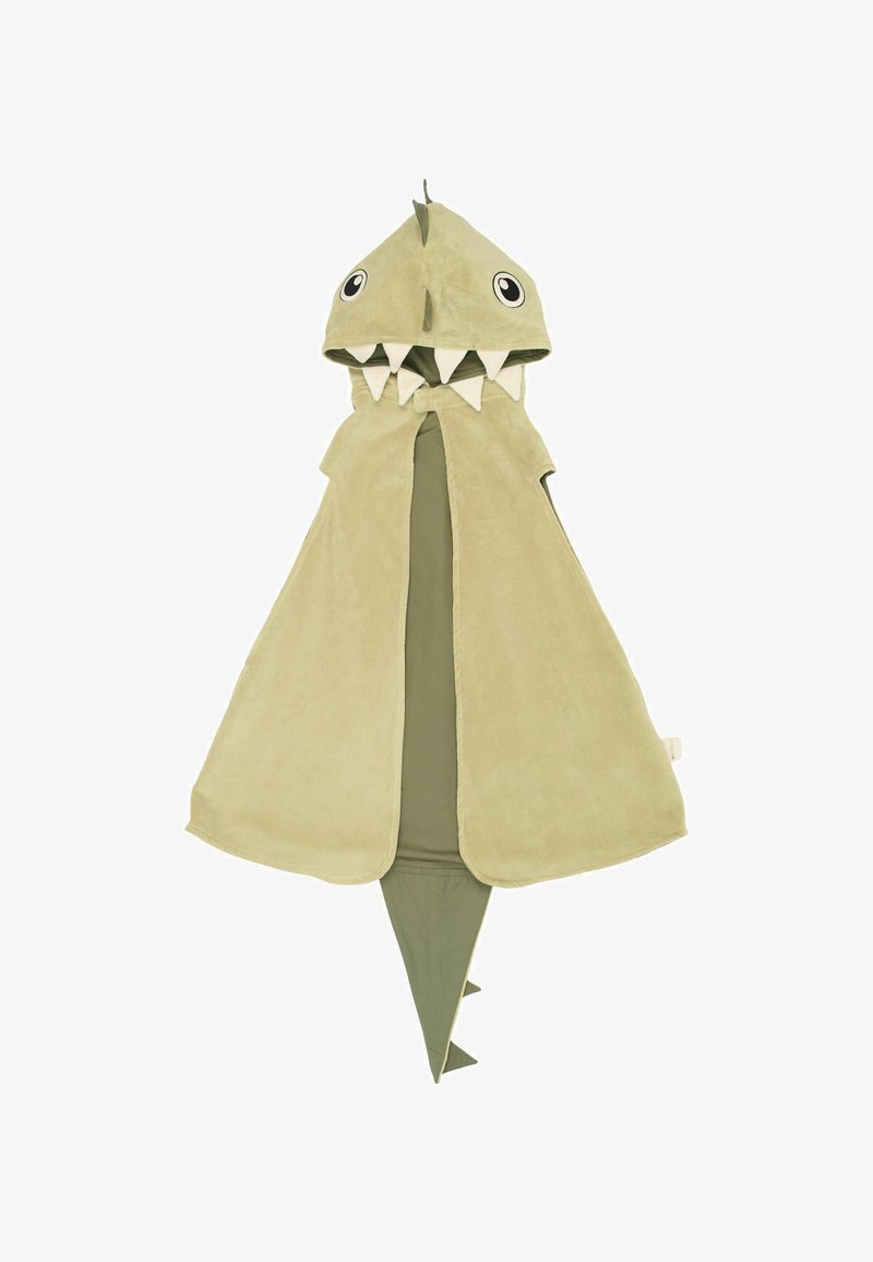 Vihreä fleece-olento viitta hupulla, jossa on suuret silmät, terävät hampaat, kärkituli ja pehmeä rakenne. Aukeaa edestä.