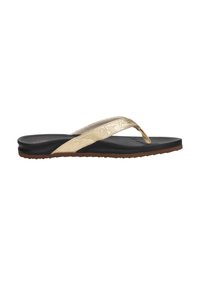 Gold metallic flip-flop with a textured strap, black footbed, and a brown rubber sole; minimalistic design and thong style.