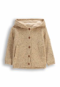 Brazowy sweter robiony na drutach z kapturem, z miękką podszewką, pięcioma drewnianymi guzikami i dwiema kieszeniami naszytymi. Całość o lekko cętkowanej fakturze.