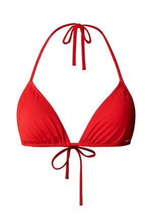 Rotes Dreieck-Bikinioberteil mit Neckholder und vorderer Schnürung vor weißem Hintergrund.