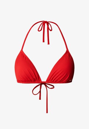Rotes Dreieck-Bikinioberteil mit Neckholder und vorderer Schnürung vor weißem Hintergrund.
