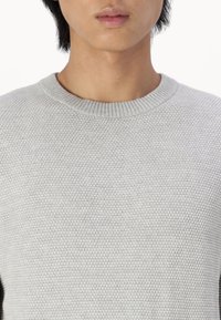 Pullover grigio chiaro a maglia con un motivo testurizzato, scollatura rotonda e collo a costine. Il tessuto appare morbido e traspirante.