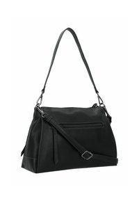 Schwarze Lederhandtasche mit einem einzigen Schultergurt, Reißverschlusstasche auf der Vorderseite und flachem Boden für Stabilität. Glatte Textur und elegantes Design.