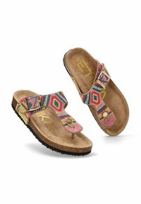 Sandalias con cuentas que presentan una tira rosa y multicolor, una plantilla de corcho y una suela de goma con un separador de dedos para mayor agarre.