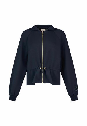 Felpa corta blu navy con zip, maniche lunghe, vita regolabile con coulisse e logo ricamato sul polsino sinistro.