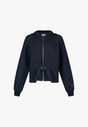 Navy blue cropped zip-up hoodie with long sleeves, adjustable drawstring waist, and embroidered logo on left cuff.