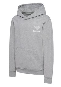 Grijze hoodie van zachte stof, met een kangoeroezak, geribde mouwen en een capuchon met trekkoord. Witte geborduurde logo op de borst.