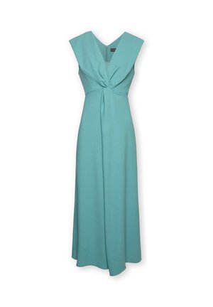 Vestido maxi sin mangas en color teal con escote en V profundo, nudo retorcido en la cintura y falda larga y fluida, exhibido sobre un fondo blanco.