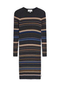 Robe tricotée à manches longues, présentant une texture côtelée et des rayures horizontales dans des couleurs gris foncé, marron, bleu et crème.