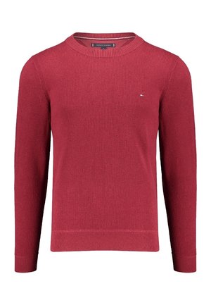 Pull à manches longues pour homme, col rond, en maille texturée rouge foncé avec un petit logo drapeau sur la poitrine gauche.