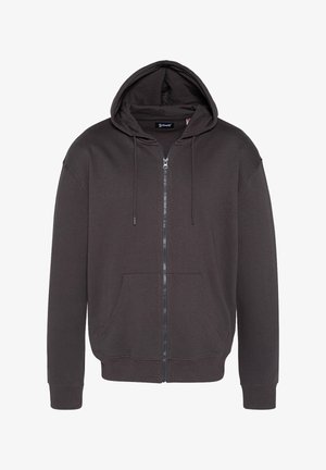 Dunkelgraue Zip-Hoodie aus Baumwollmischung, ausgestattet mit Kapuze, Fronttaschen und gerippten Bündchen. Glatte Textur und minimalistisches Design.