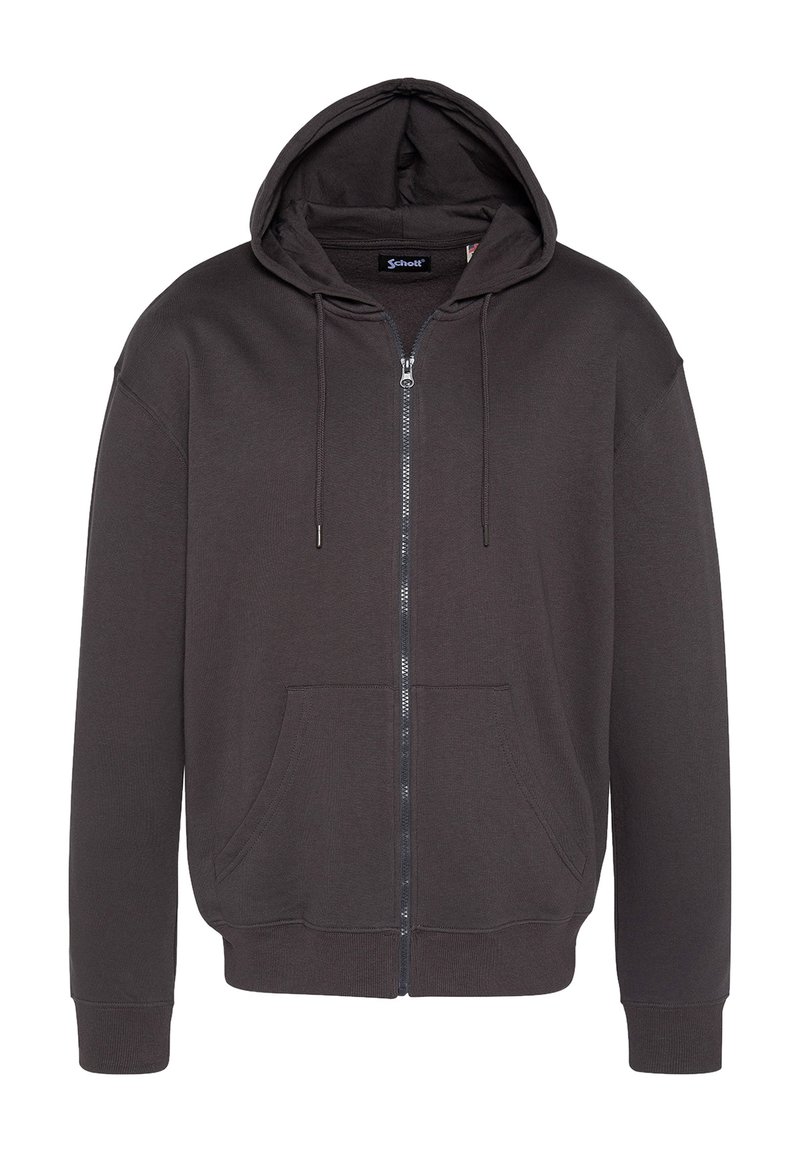 Sweatshirt à zip gris foncé en mélange de coton, doté d'une capuche, de poches avant et de poignets côtelés. Texture lisse et design minimal.