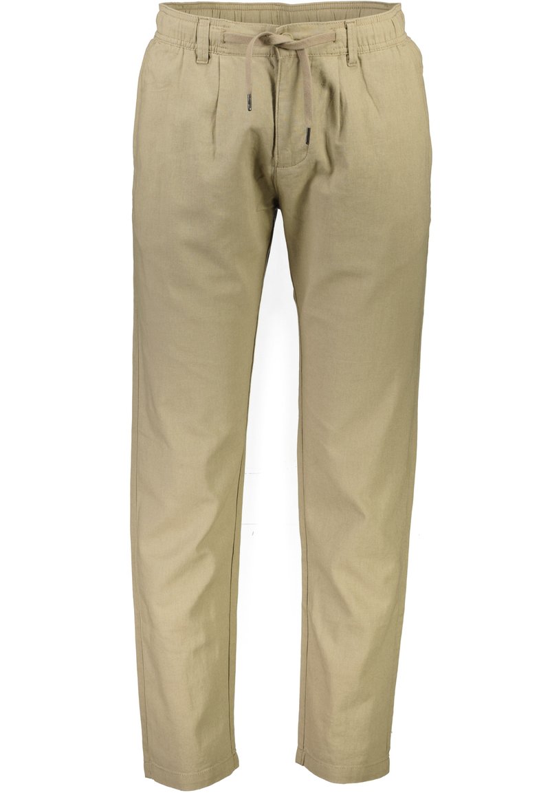 Pantalons en lin beige avec une taille élastique et un cordon de serrage, dotés d'une coupe décontractée et de jambes fuselées. Texture douce, sans motifs visibles.
