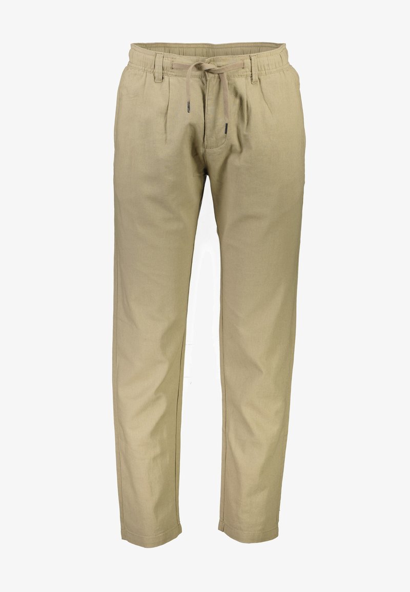 Pantalons en lin beige avec une taille élastique et un cordon de serrage, dotés d'une coupe décontractée et de jambes fuselées. Texture douce, sans motifs visibles.