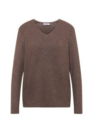Brun V-hals sweater lavet af blødt strikmateriale, med lange ærmer og ribbede manchetter, i en afslappet pasform og uden synlige mønstre.
