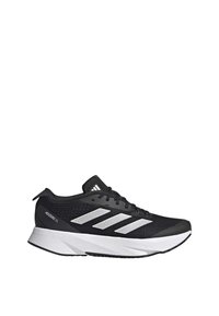 Black athletic shoe with a mesh upper, featuring three white stripes and a responsive midsole. Lightweight design with a textured sole.