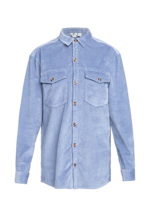 Jasnoniebieska koszula z korduroy z długimi rękawami, zapinana na guziki z przodu, z dwiema kieszeniami na piersi z guzikami i teksturowanym, prążkowanym materiałem.