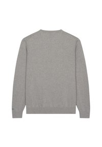 Sudadera gris con mangas largas, cuello redondo y puños y dobladillo acanalados. Textura suave con un pequeño detalle del logo cerca de la manga.