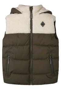 Mikina s kapucí, s krémovým fleecovým horním dílem a olivově zeleným polstrovaným spodním dílem. Obsahuje centrální zip a dvě boční kapsy se zipem.