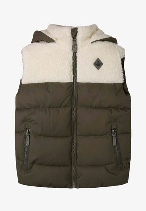 Gilet con cappuccio, parte superiore in pile color crema e parte inferiore imbottita verde oliva. Presenta una zip centrale e due tasche laterali con zip.