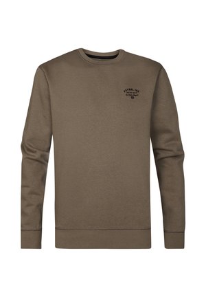 Hanorac maro cu mâneci lungi, guler rotund și manșete ribbed. Prezintă un mic logo negru pe partea superioară stângă a pieptului. Textură netedă.