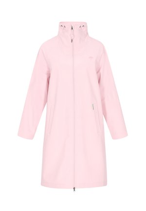 Cappotto lungo rosa realizzato in materiale morbido, dotato di colletto alto, zip frontale e tasche laterali. Design minimalista senza motivi o accenti.