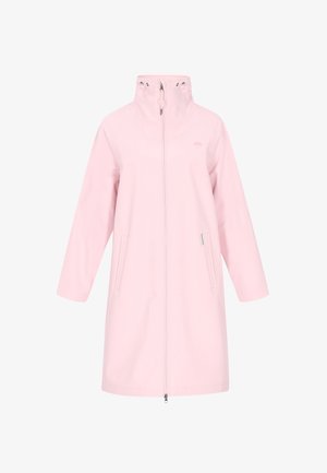 Pink long coat made of soft material, featuring a high collar, front zipper, and side pockets. Minimalist design with no patterns or accents.
