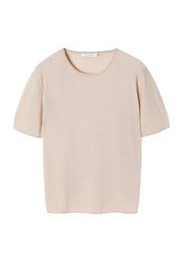 Beige t-shirt met korte mouwen, gemaakt van zachte stof, met een ronde halslijn en een ontspannen, boxy snit. Eenvoudig ontwerp zonder zichtbare patronen.