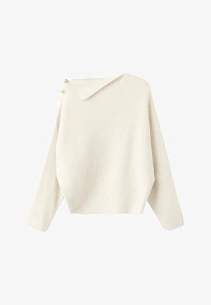 Jersey de crema claro de punto con un exclusivo cuello asimétrico, costuras de hombro prominentes y tres botones decorativos en un lado.