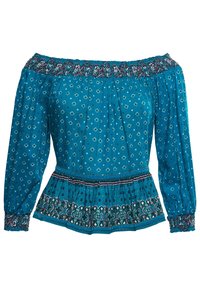 Tyrkysová off-shoulder blůza s dlouhými rukávy, s nařasením na výstřihu a vzorovaným lemem na pase a manžetách.