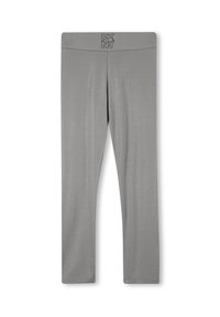 Leggings gris en tissu extensible. Dotés d'une taille élastique avec logo à l'avant. Texture lisse, design long.